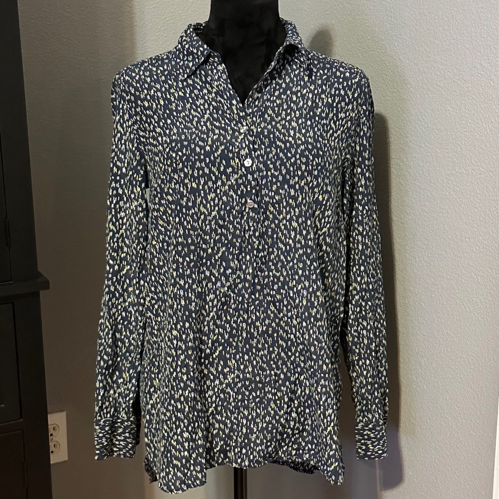 Ann Taylor Blouse‎ Medium Navy Print Button Front Silk Blend Long Sleeve Classic